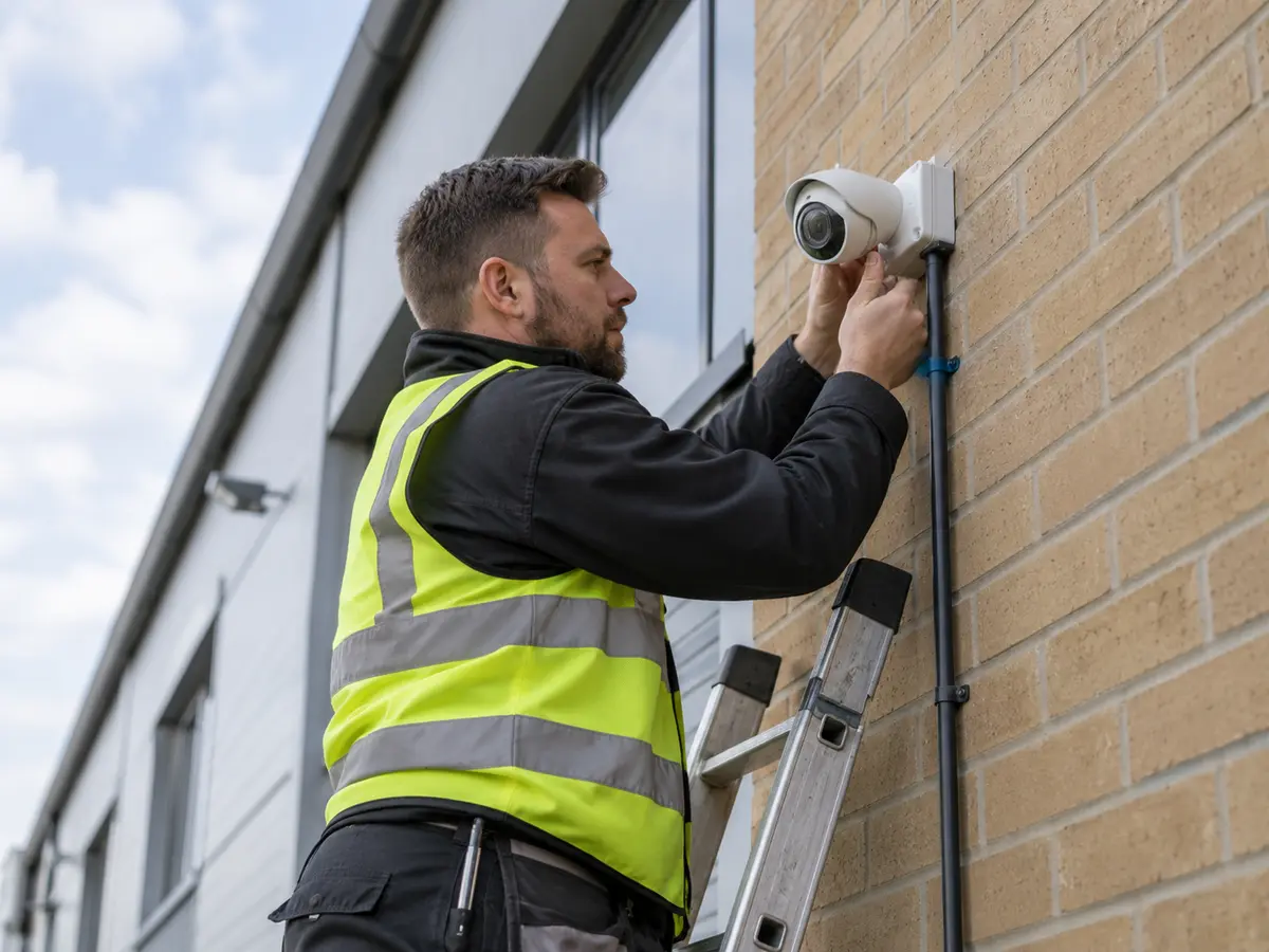 Security engineer installing an external CCTV camera