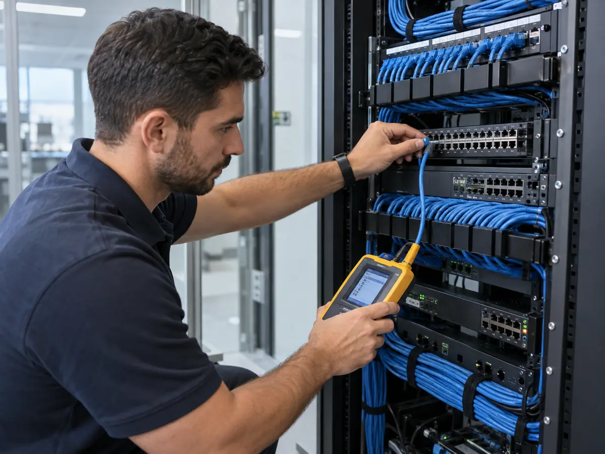 Engineer testing Cat6 data cabling in a network cabinet