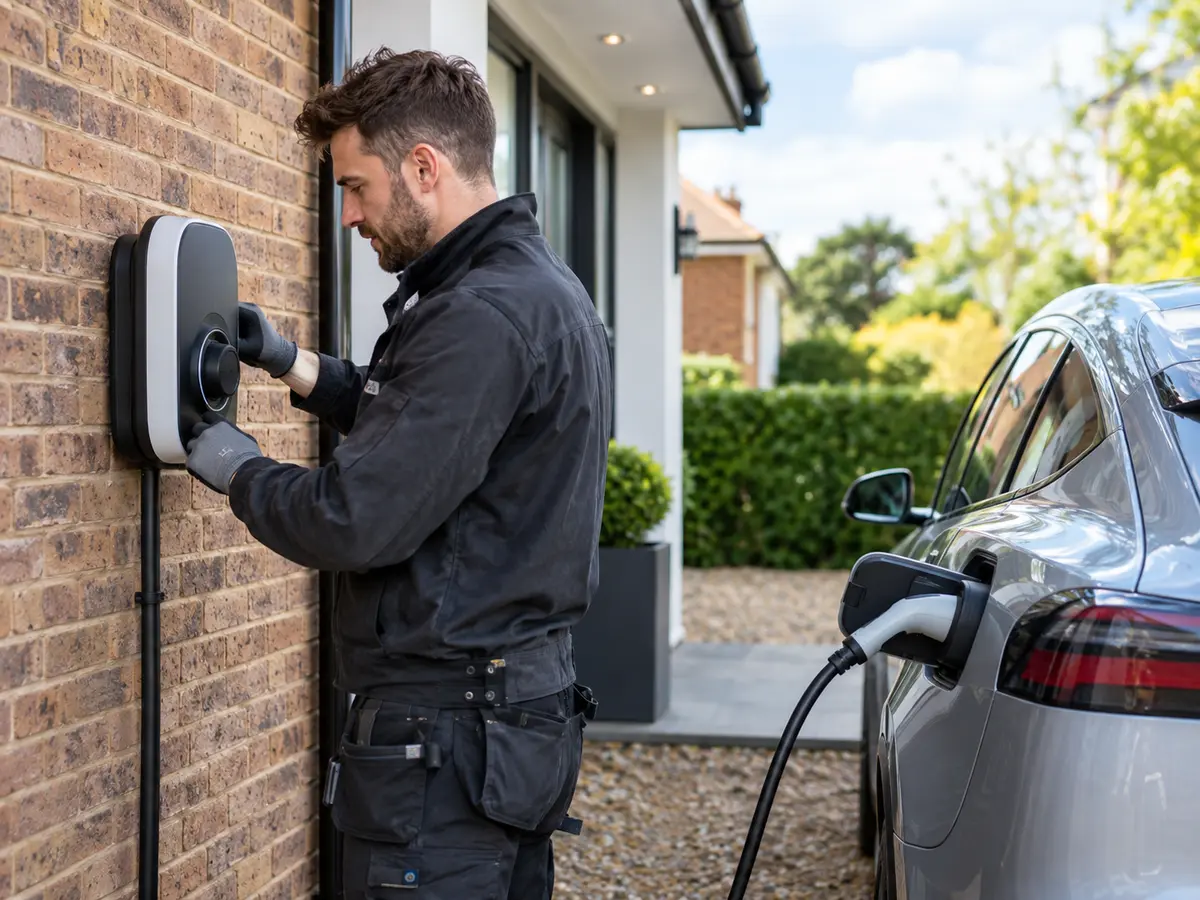 Electrician installing an EV charging point at a UK property
