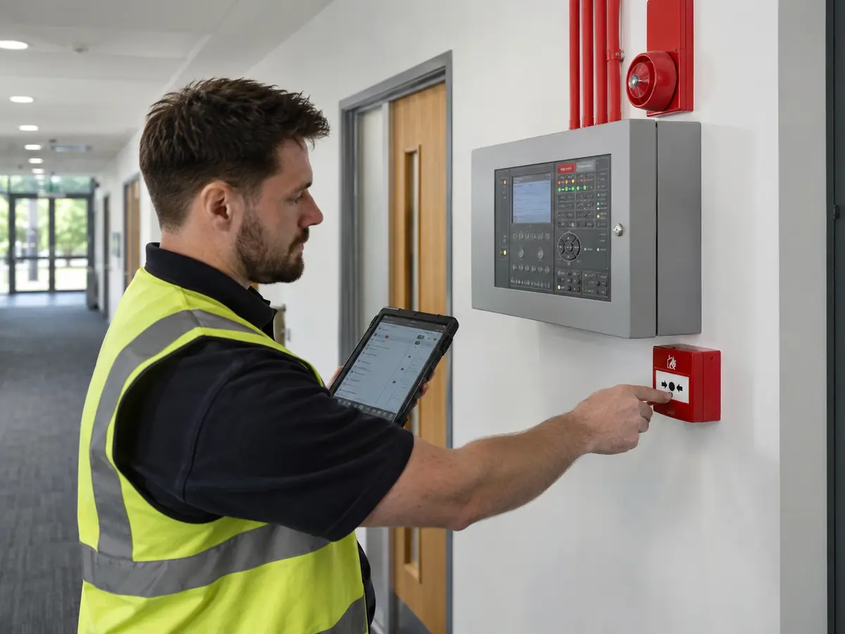 Engineer testing a commercial fire alarm system